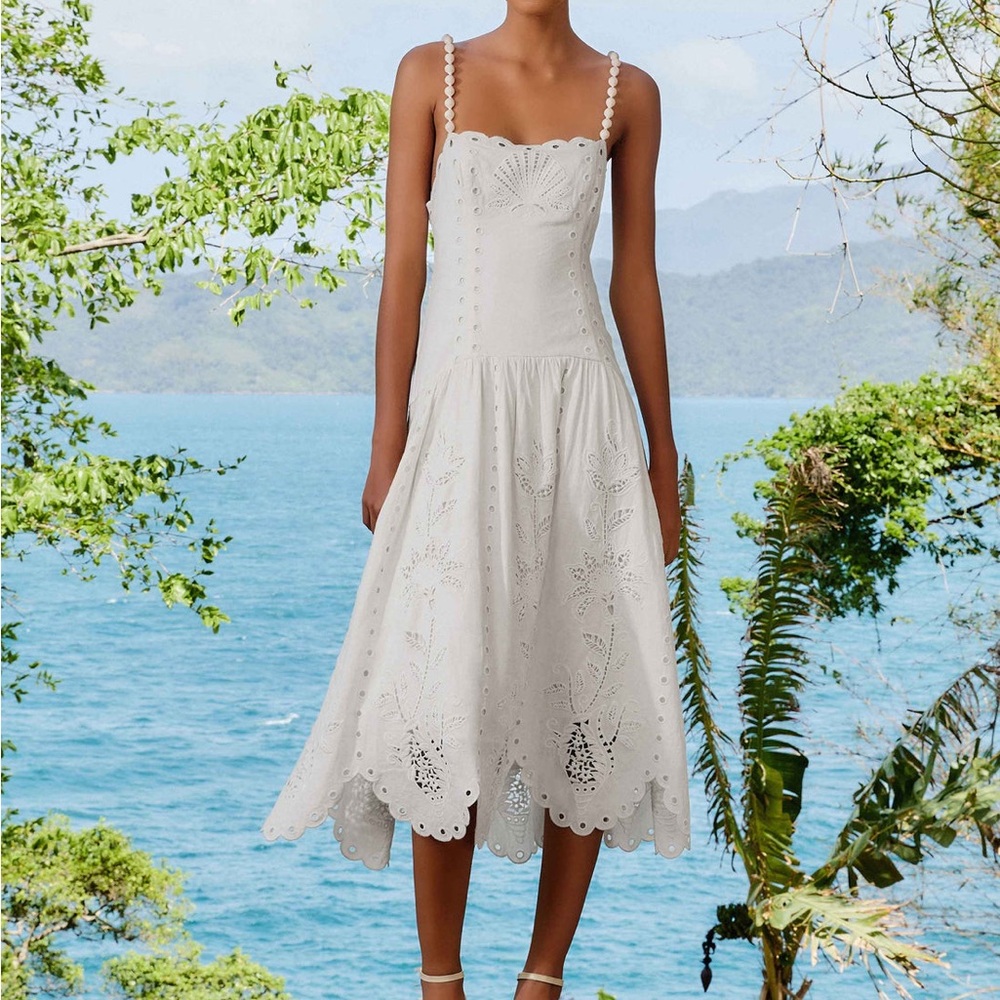 FARM RIO Off-White Richelieu Lenzing™ Ecovero™ Euroflax™ Midi Dress SIZE MEDIUM - Picture 1 of 4